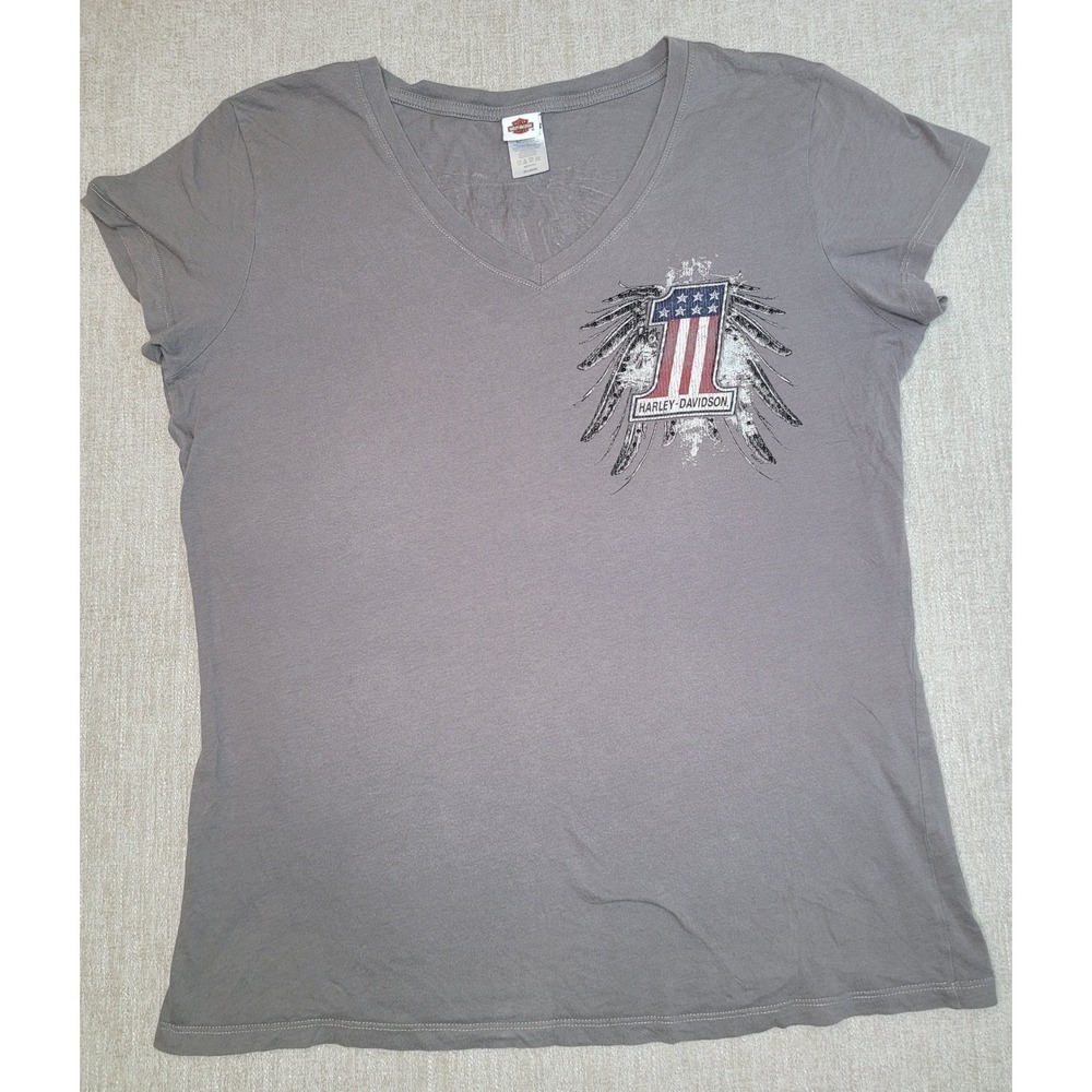 Harley Davidson Graphic Shirt Women XL Gray V-Neck Sturgis Studded Short Sleeve